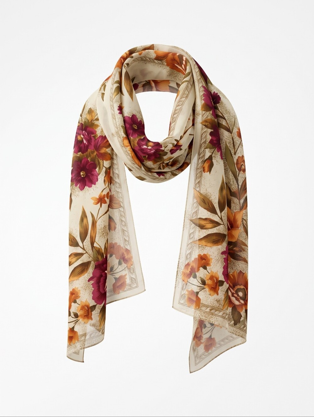 Oscar de la Renta Silk Scarf Sage Green With Magenta And Gold Flowers